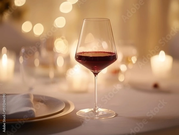 Obraz A luxurious wine glass filled with deep red wine, set against a candlelit dinner table with elegant plating and soft bokeh lights