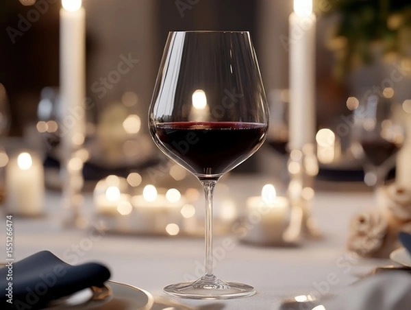 Obraz A luxurious wine glass filled with deep red wine, set against a candlelit dinner table with elegant plating and soft bokeh lights