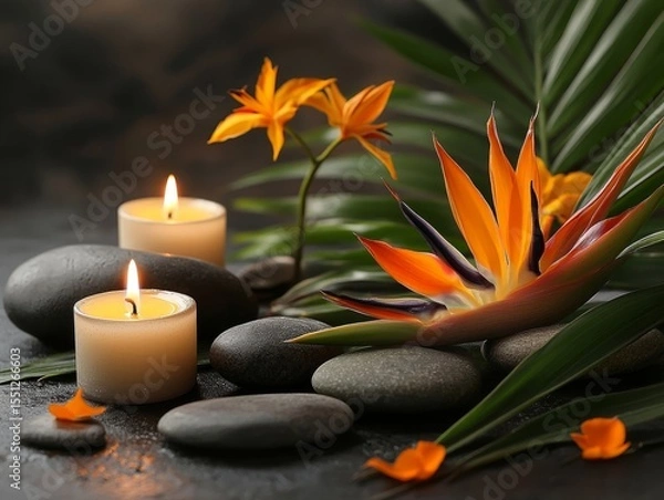 Obraz A luxury spa setting featuring a Bird of Paradise flower arrangement with candles and smooth river stones