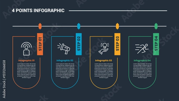 Fototapeta 4 stage infographic process diagram with rounded banners hanging tabs with dark background bright outline style