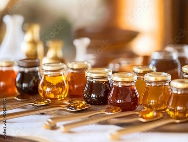 Obraz A luxury honey tasting setup, featuring different shades of honey in elegant jars with tasting spoons