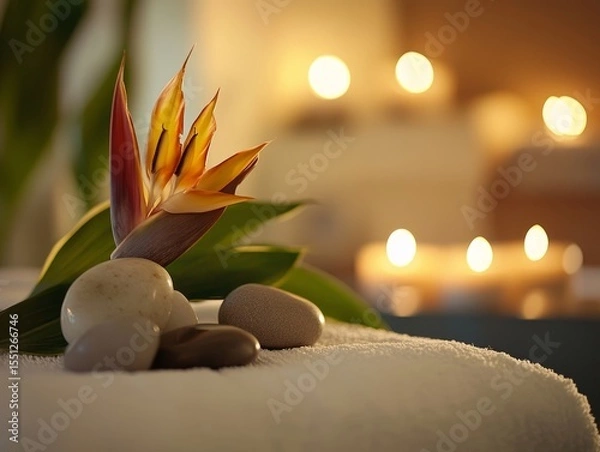 Obraz A luxury spa setting featuring a Bird of Paradise flower arrangement with candles and smooth river stones