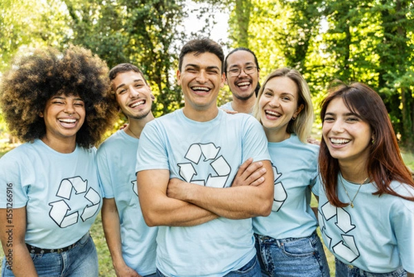Fototapeta Multi ethnic group of volunteers cleaning up a forest together - Happy team of environmental activists smiling together outdoors - Environmental protection and non profits organization concept