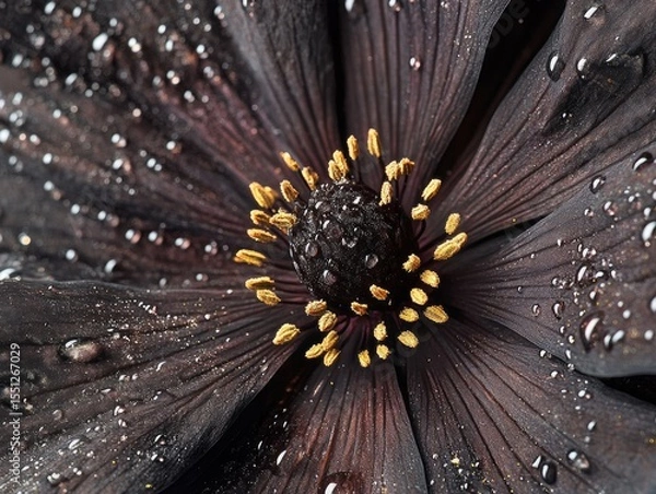Obraz A macro photography-style close-up of a Chocolate Cosmos with dewdrops glistening on its rich, chocolate-colored petals