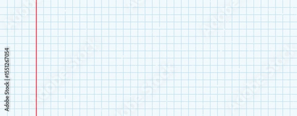 Fototapeta Cage squared math notebook background. Graph paper notebook pattern. Vector squared paper. Mathematics exercise book page with a red margin. Wide horizontal collage banner. Back to school realistic bg