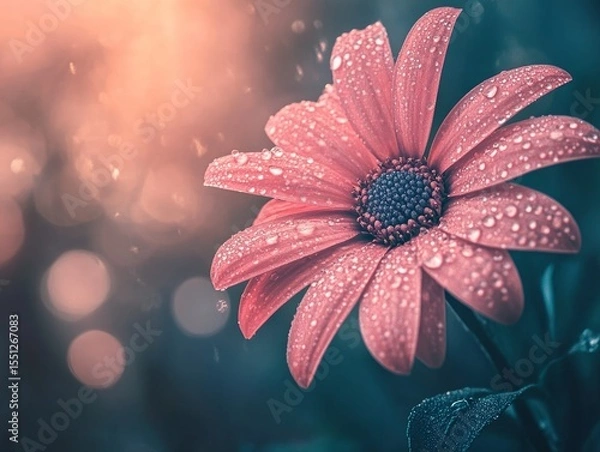 Obraz A macro shot of a daisy with dewdrops on its petals, soft bokeh background