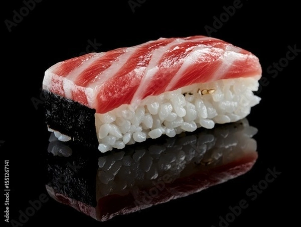 Obraz A macro shot of a single piece of sushi, showing the intricate marbling of fatty tuna (otoro) on a bed of perfectly seasoned rice