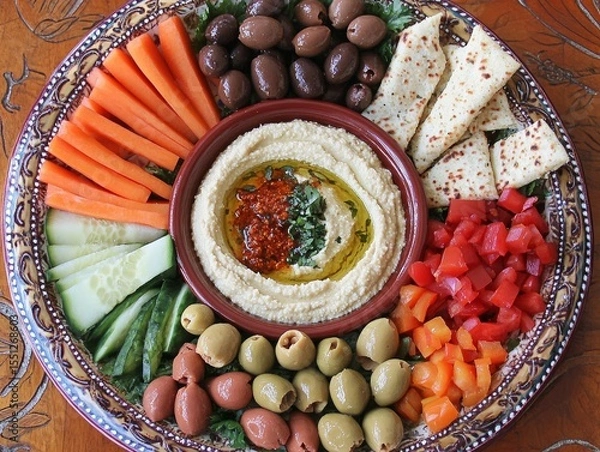 Obraz A Mediterranean mezze platter featuring hummus, baba ganoush, falafel, olives, and fresh veggies on a decorative plate
