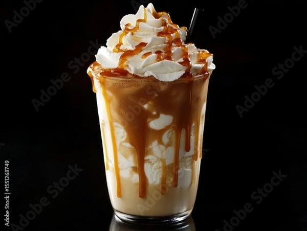Obraz A milkshake made with thick vanilla ice cream, topped with whipped cream and caramel drizzle