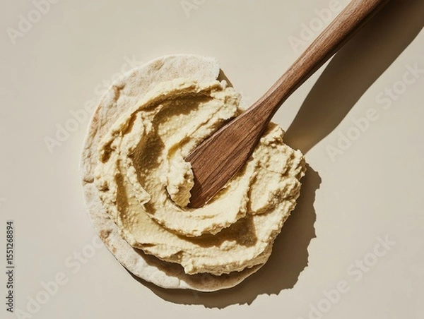 Obraz A minimalist, artistic composition of hummus being spread onto pita bread with a wooden knife, set against a neutral backdrop