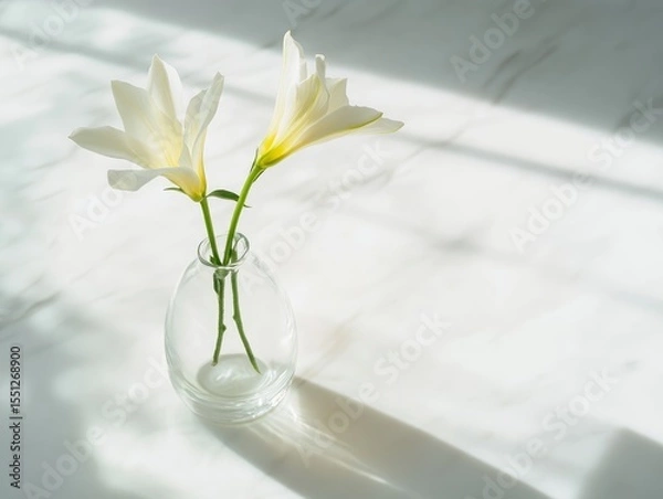 Obraz A minimalist aesthetic shot of a single tuberose stem in a clear glass vase, casting a delicate shadow on a white marble surface