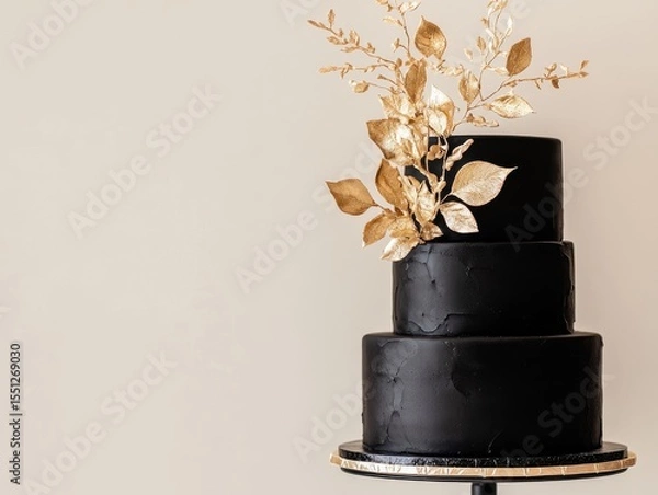 Obraz A minimalist black and gold modern cake with smooth ganache and gold leaf accents