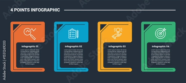 Fototapeta 4 stage infographic process diagram with round block columns with open text area with dark background bright outline style