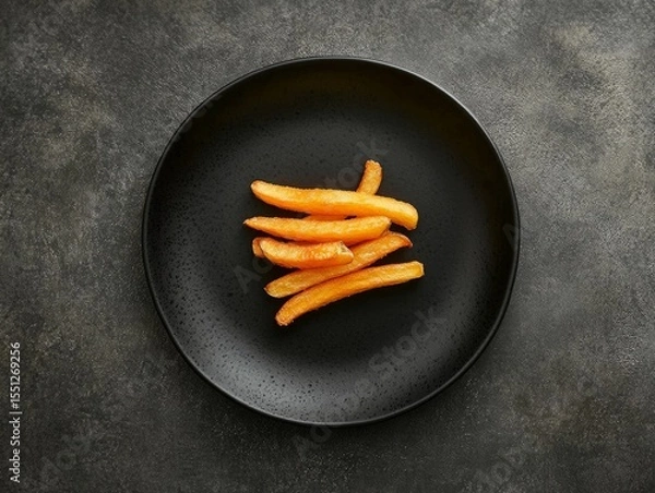 Obraz A minimalist, high-fashion food photography setup featuring a single perfectly crisp fry on a black plate