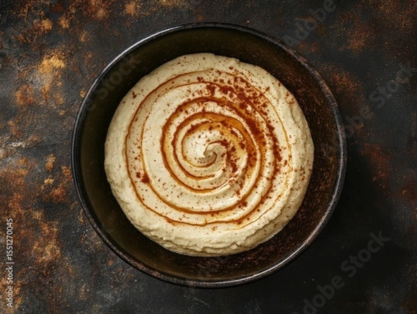Obraz A modern top-down food photography shot of hummus in a ceramic bowl, with swirls of tahini and a sprinkle of sumac