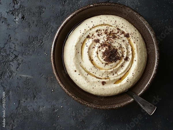 Obraz A modern top-down food photography shot of hummus in a ceramic bowl, with swirls of tahini and a sprinkle of sumac