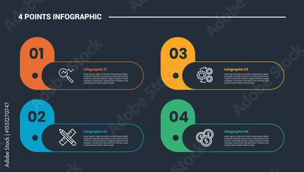 Fototapeta 4 stage infographic process diagram with capsule shape with round rectangle container with dark background bright outline style