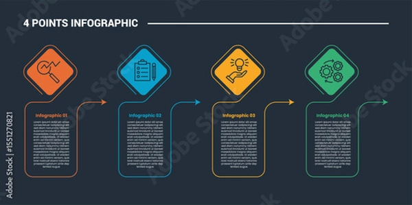 Fototapeta 4 stage infographic process diagram with diamond with arrow pointer direction with dark background bright outline style
