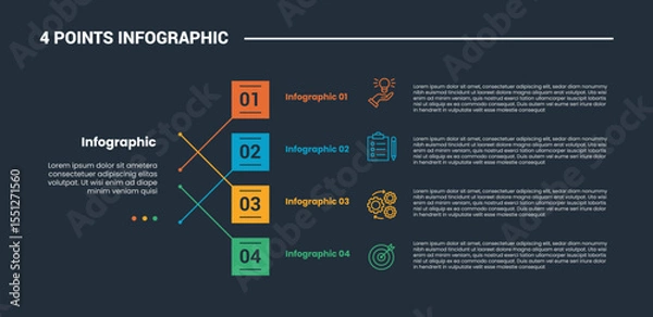 Fototapeta 4 stage infographic process diagram with stacked vertical list on square connectors box with dark background bright outline style