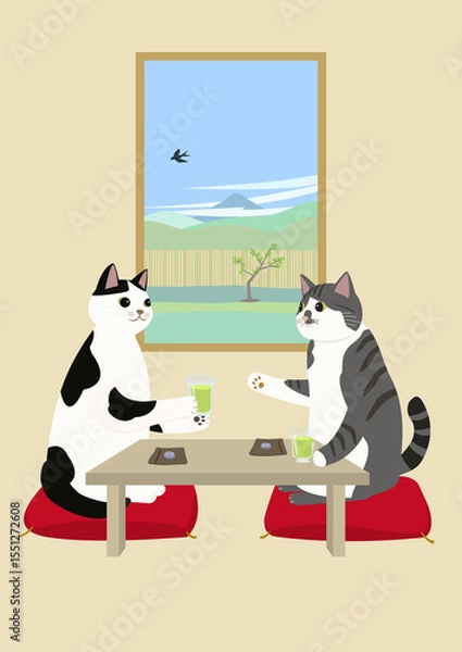 Obraz 夏の冷茶を飲む2匹の猫