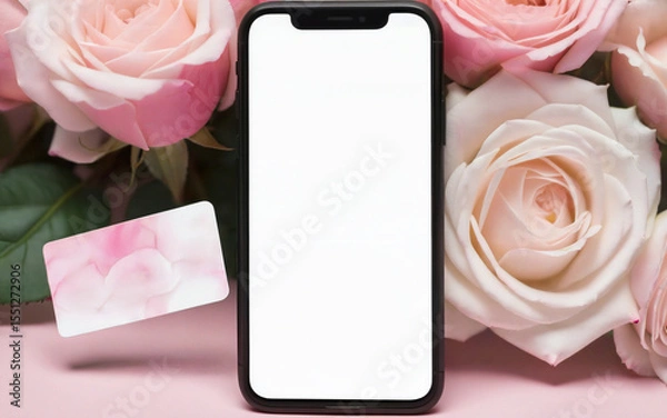 Fototapeta close up smartphone and  bank card on background of roses
