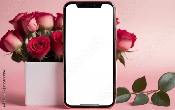 Fototapeta close up smartphone and  bank card on background of roses