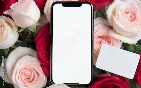 Fototapeta close up smartphone and  bank card on background of roses