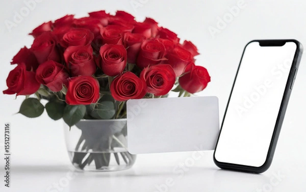 Fototapeta smartphone and bank card and a bouquet of red roses