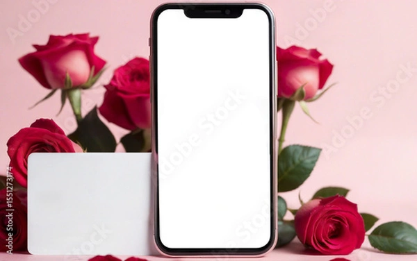 Fototapeta close up smartphone and  bank card on background of roses