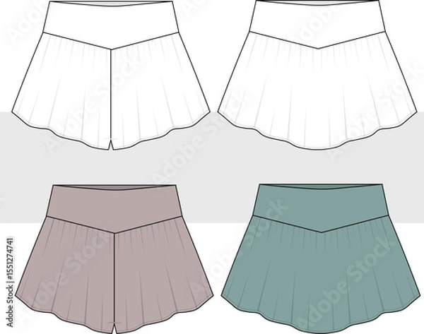 Obraz Women's and girls frill skirt shorts set fashion technical drawing, illustration. Cad, Mockup set, Vector.