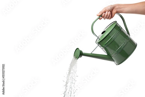 Fototapeta A green watering can held by a hand pouring water against a black isolated background in studio shot
