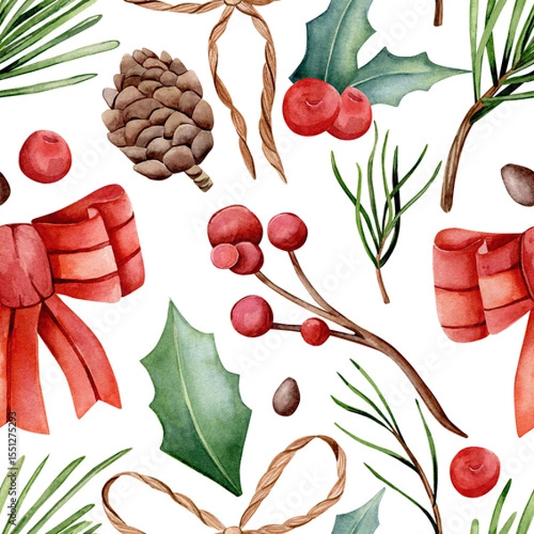Fototapeta Seamless watercolor pattern. Winter theme. Satin red bow, cones, fir branches, red berries on a branch, nuts, holly leaves isolated on white background. Design for printing on fabric.