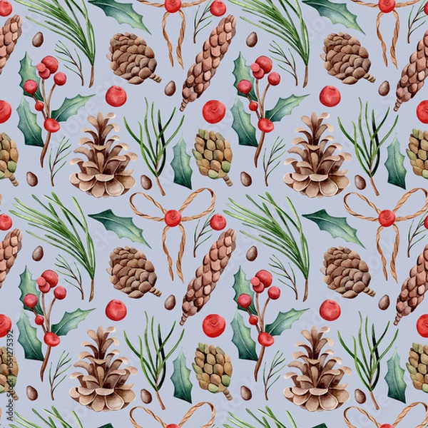 Fototapeta Seamless watercolor pattern. New Year template. Hand drawn different pine cones, rope bow, red berries, holly leaves and sprig, fir branches isolated on color background. Botanical.