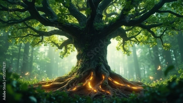 Obraz A majestic, ancient tree with glowing golden roots radiating light, standing firmly in a lush green forest with mystical sun rays filtering through the canopy. Concept of life and mystical nature