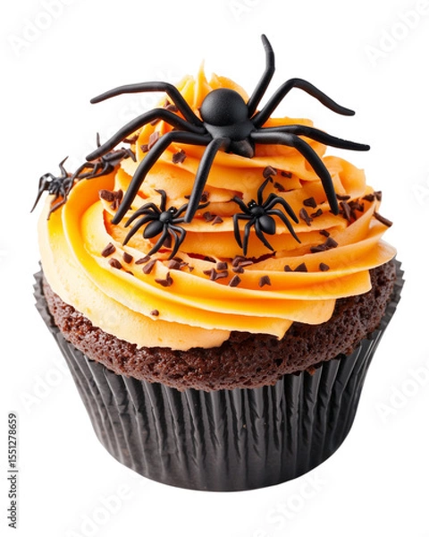 Obraz Halloween cupcake with orange frosting topped with black plastic spider decorations and chocolate sprinkles, creating spooky and festive treat for holiday