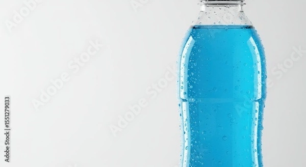 Fototapeta Refreshing cold blue drink bottle covered in condensation against a clean white backdrop, close-up studio shot.