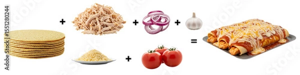 Obraz Ingredients for making delicious chicken enchiladas on white background  