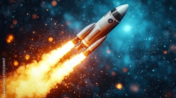 Obraz Rocket blasting off, flames trailing against cosmic backdrop