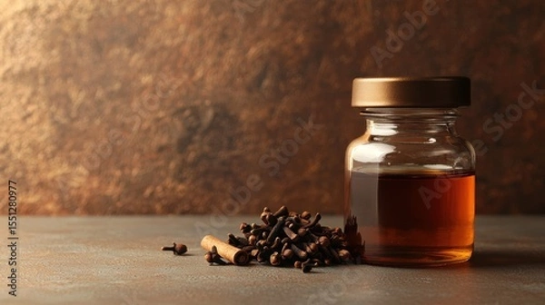 Fototapeta Clove oil in glass jar with whole cloves on rustic surface during warm indoor lighting