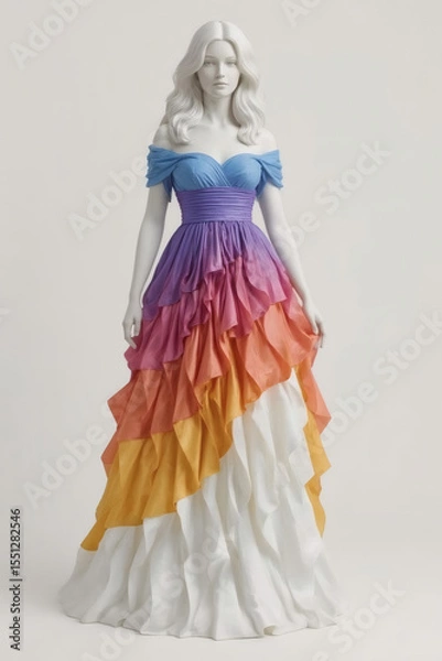 Fototapeta  Elegant Rainbow Ombre Gown with Layered Ruffles Fashion Design