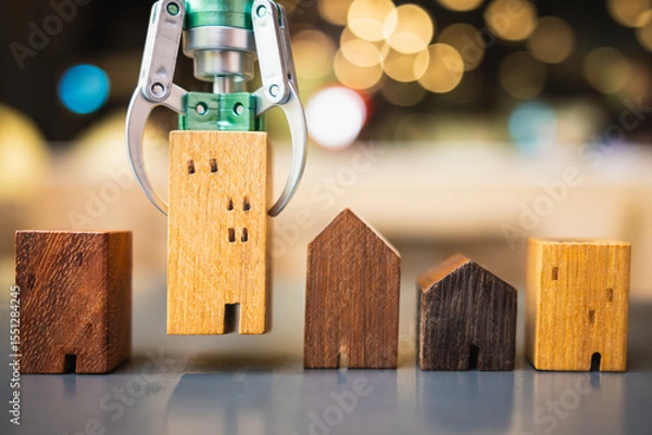 Fototapeta A robot lifting a house model, among others on a table, illustrates AI-powered real estate selection for optimized profit and minimized risk.