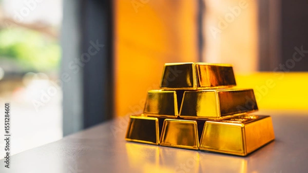 Fototapeta Gold bars rest on a company employee's desk, symbolizing the sound investment strategy of saving in gold.