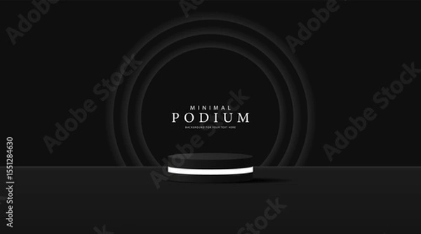 Obraz 3D product display stand. black and white geometric platform on black background. Abstract geometric shapes in a simple design. Fashion stage mockup scene. Studio product display stand.