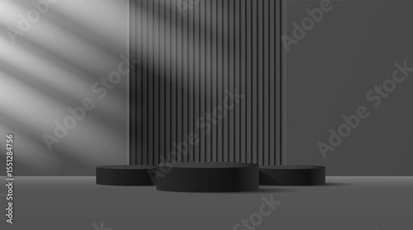 Obraz 3D product Minimal display stand, black circle on gray background. Abstract geometric shapes in a simple design. Fashion stage mockup scene. Studio product display stand. Product advertising stand