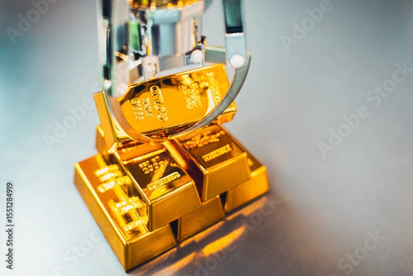 Fototapeta A robotic arm selecting stacked gold bars symbolizes the use of AI in investment to minimize risk and maximize profit.