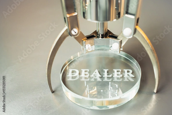 Fototapeta The robot holding the dealer symbol signifies AI's role in finding quality dealers. The laser-engraved "Dealer" on the glass plate represents trust and confidence with a leading company.