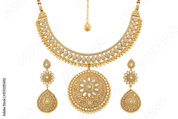 Fototapeta Elegant gold necklace set with matching earrings and maang tikka on a black background display