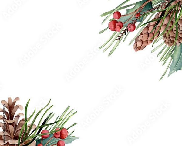 Fototapeta Horizontal watercolor frame for text. Winter theme. Hand drawn cones, fir branches, red berries isolated on white background. Design for congratulations, invitations.