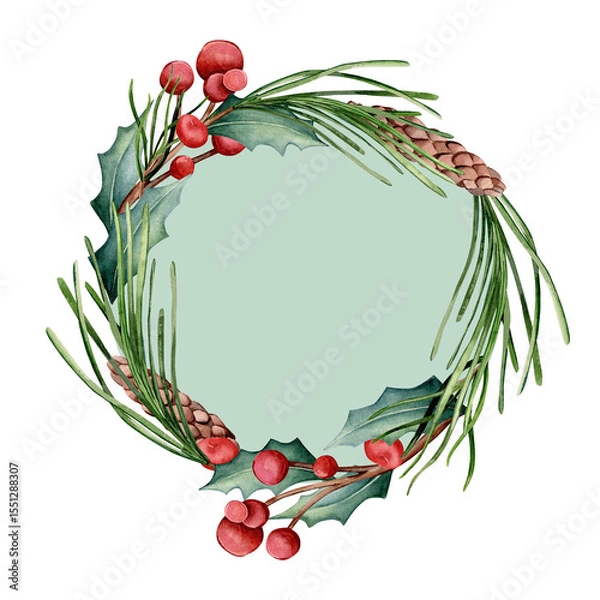 Fototapeta Botanical watercolor wreath on a colored background. Hand-drawn fir branches, cones, twigs with red berries. Design for postcards, invitations, gifts.
