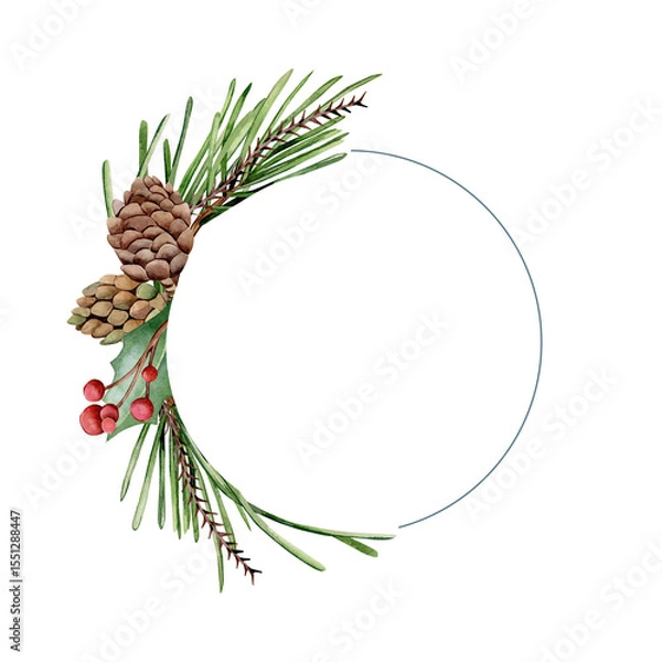 Fototapeta Watercolor frame isolated on white background. Hand drawn fir branches, holly, cones, twigs with red berries. Design for postcards, invitations, gifts.